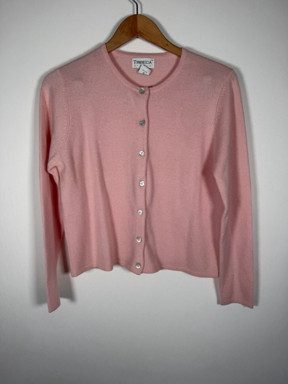 Vintage 80s Tribeca Studio baby pink 100% cashmere cardigan coquette S preppy